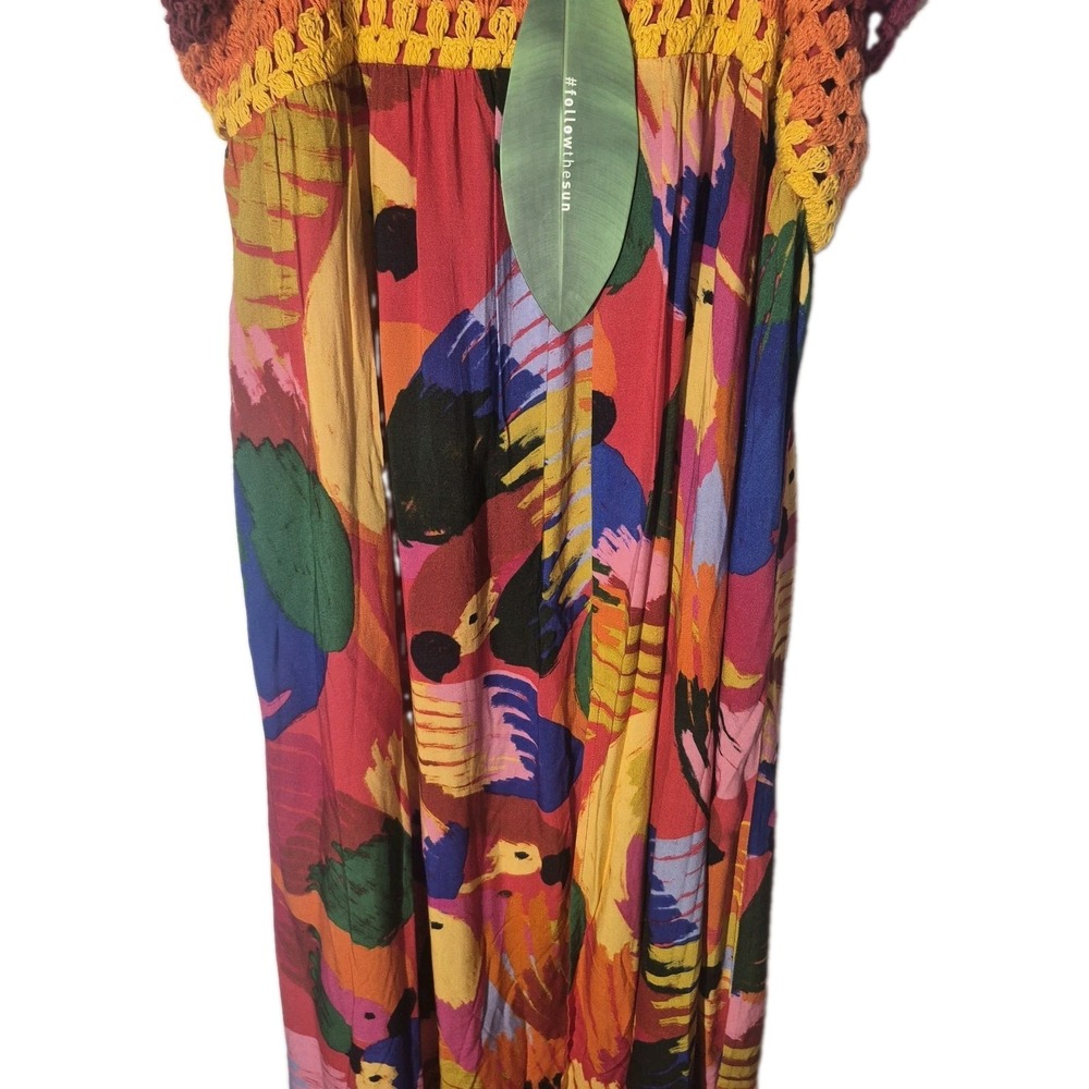 Farm Rio Macaw Party Dress Crochet Top Colorful Parrot Maxi Midi Sun Dress NWT - Picture 4 of 16